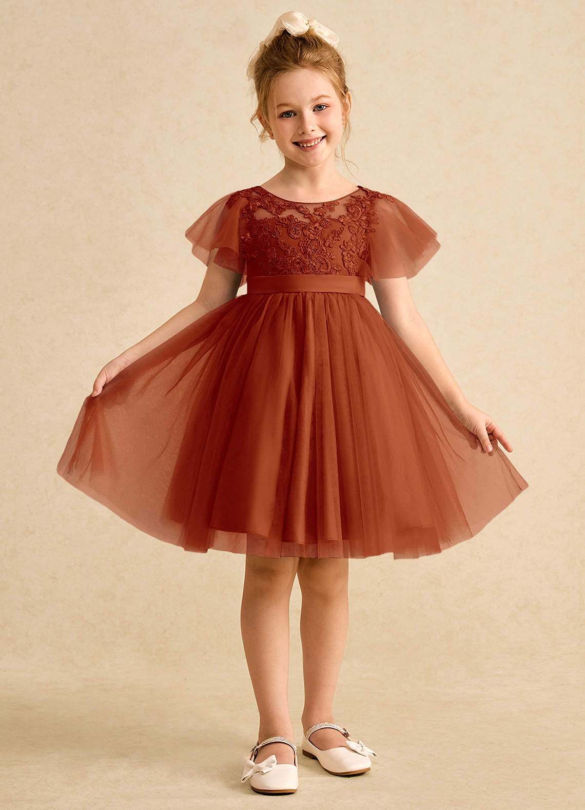 Azazie A-Line Scoop Neck Knee-Length Tulle Flower Girl Dresses - Paprika
