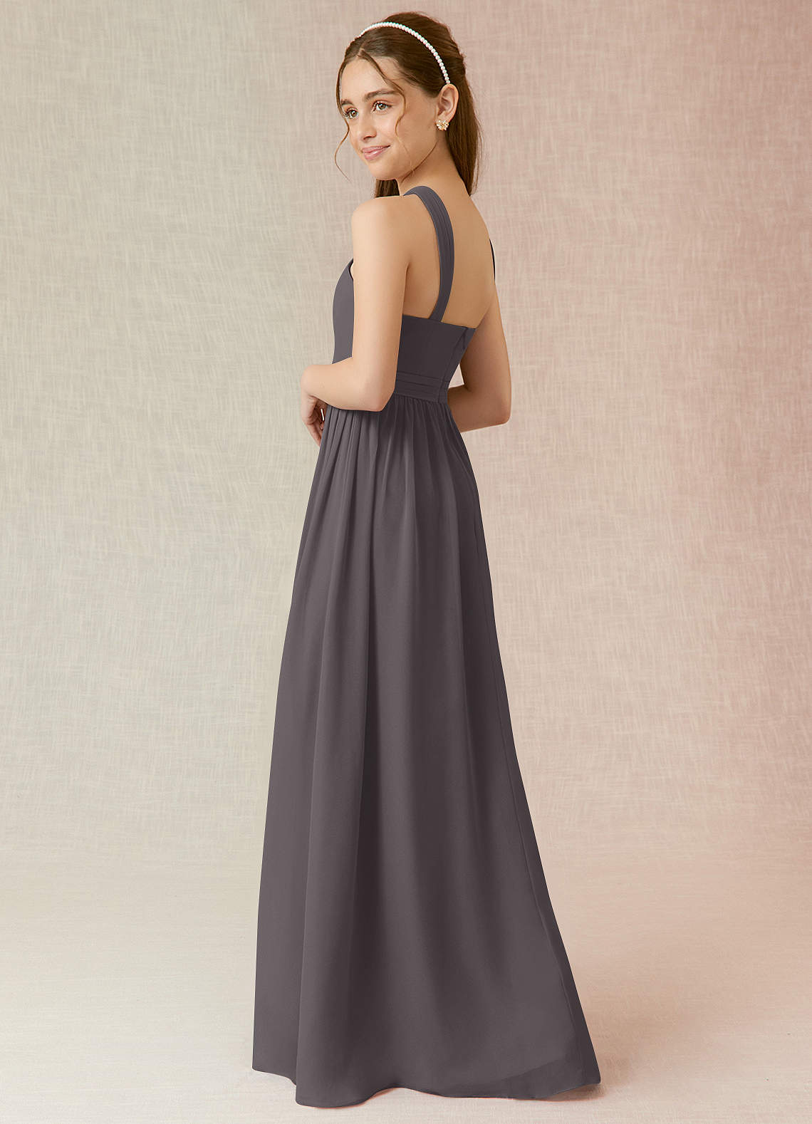 Azazie Jiya Junior Steel Grey A-Line Pleated Chiffon Dress image2