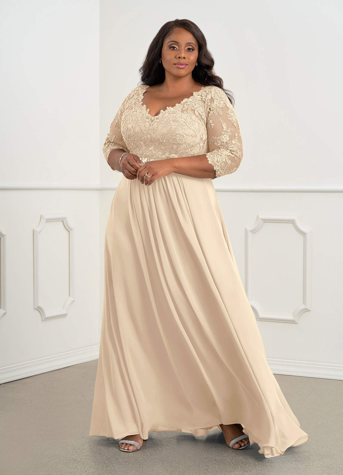 Azazie Hayek Mother of the Bride Dresses Champagne A-Line V-Neck Lace Chiffon Dress image5