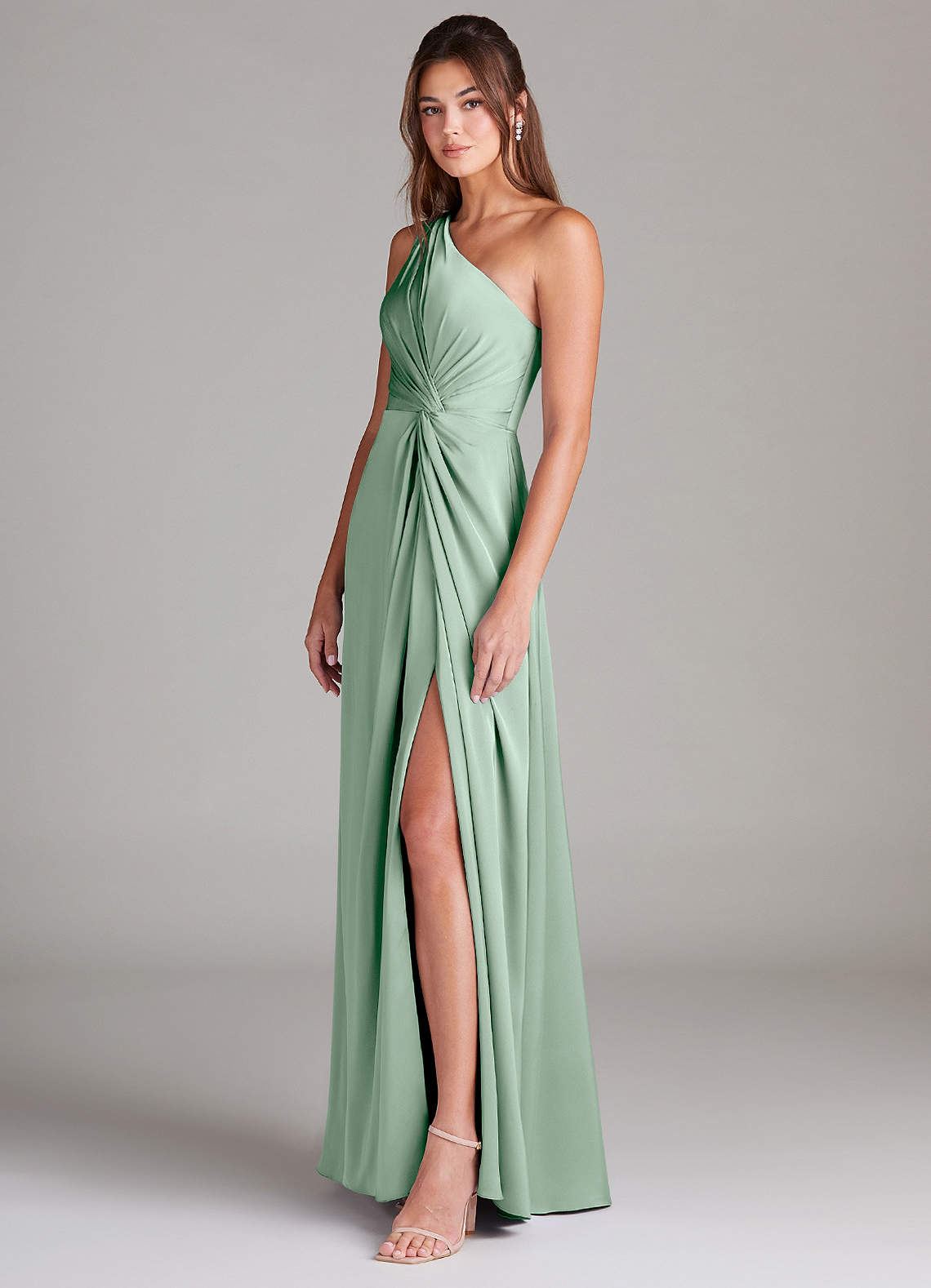 Azazie Brooke Bridesmaid Dresses Agave A-Line One Shoulder Stretch Satin Dress image4