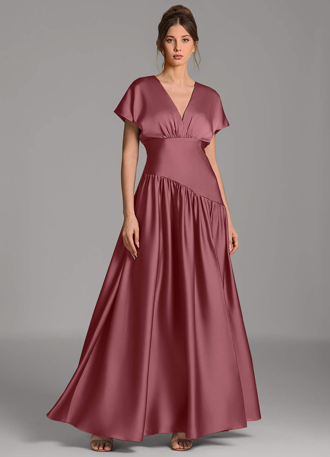 champagne satin dress with sleeves Long Bridesmaid Dresses – Lisposa elevating champagne bridesmaid dresses Royal Blue Plunging Blouson Color:Cream Charcoal NoDiscounts