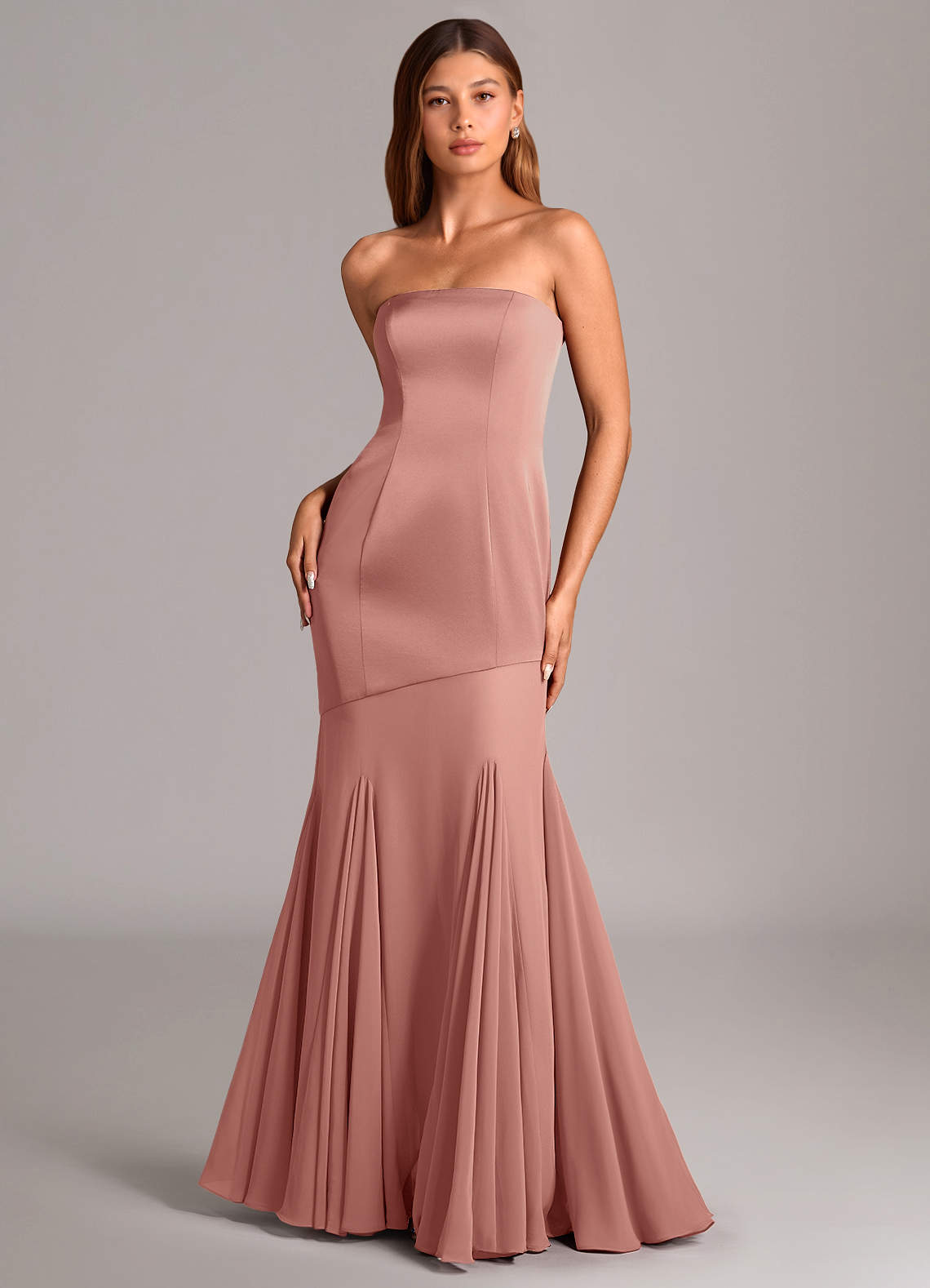 Azazie Uma Brautjungfernkleider Wandelbar Meerjungfrau-Linie Schulterfrei Chiffon Kleid Rosettenrosa image1