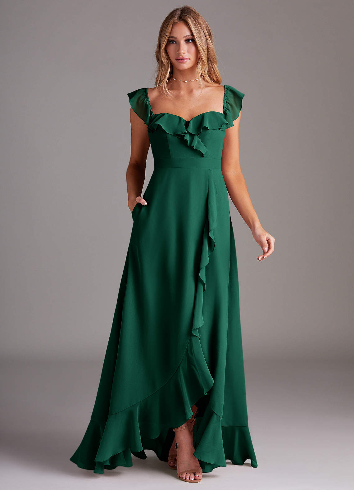 Azazie Lyra Bridesmaid Dresses Emerald A-Line Chiffon Convertible Dress image2