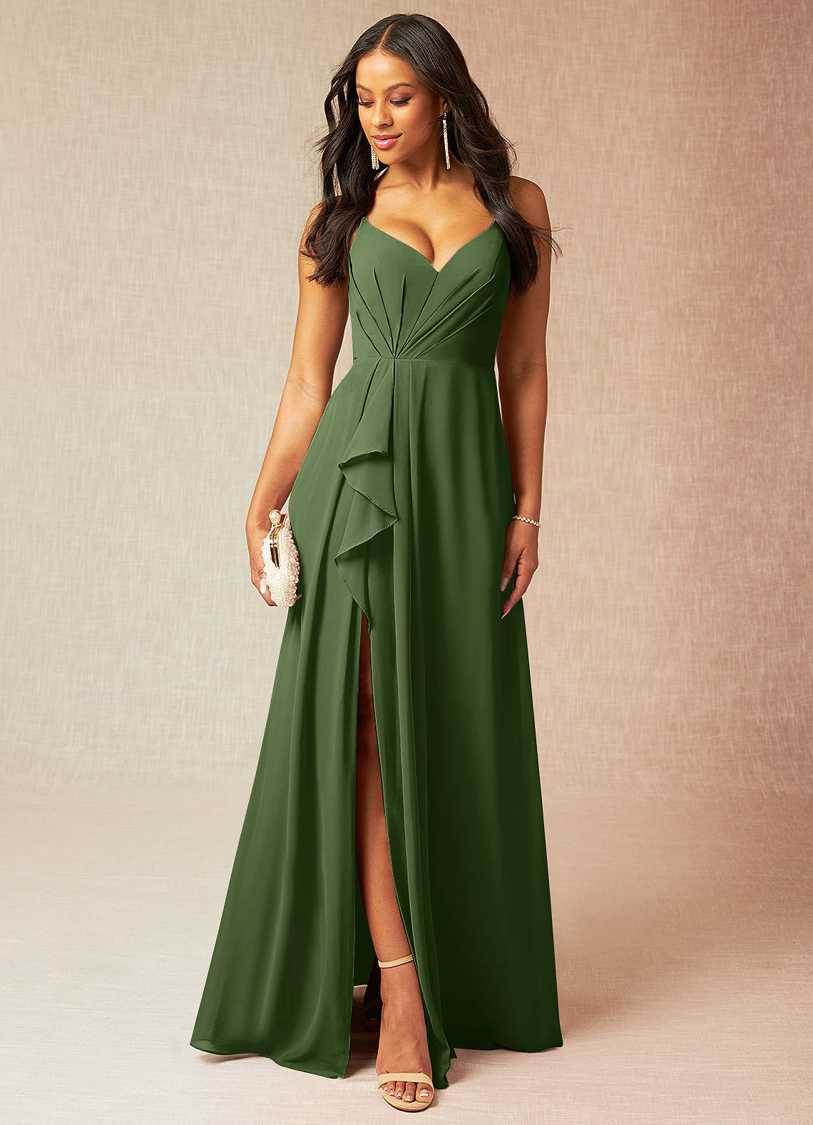 Azazie Kyedae Bridesmaid Dresses Olive A-Line V-Neck Pleated Chiffon Dress image1