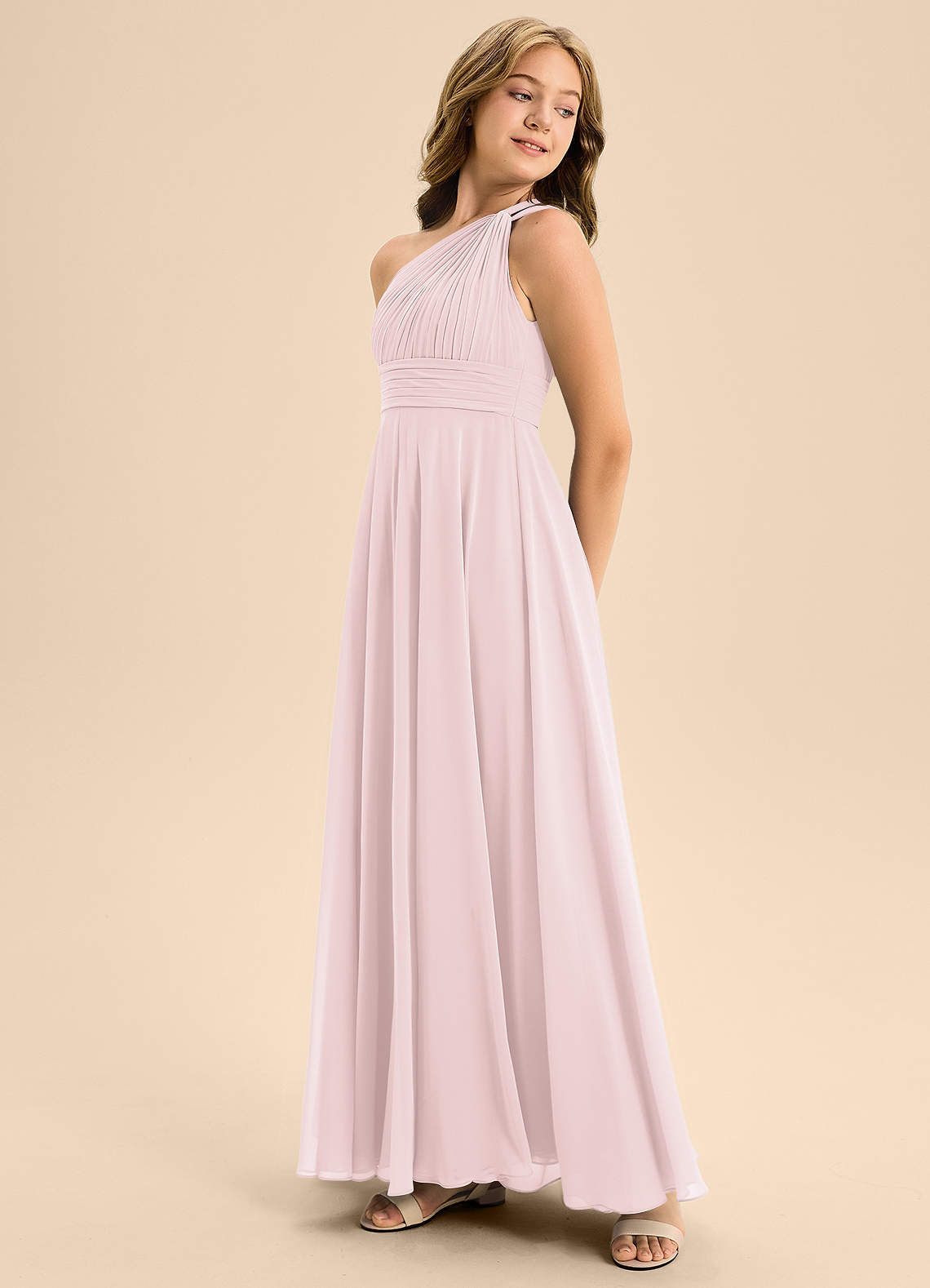 Azazie Charlize Junior Blushing Pink A-Line Pleated Chiffon Dress image3