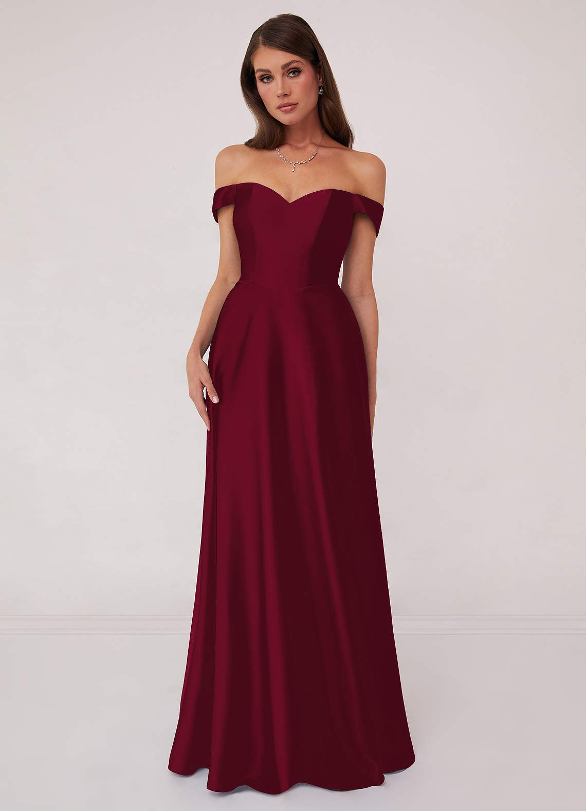 Barbie ♥ Azazie Bridesmaid Dresses Burgundy A-Line Off the Shoulder Stretch Satin Convertible Dress image1