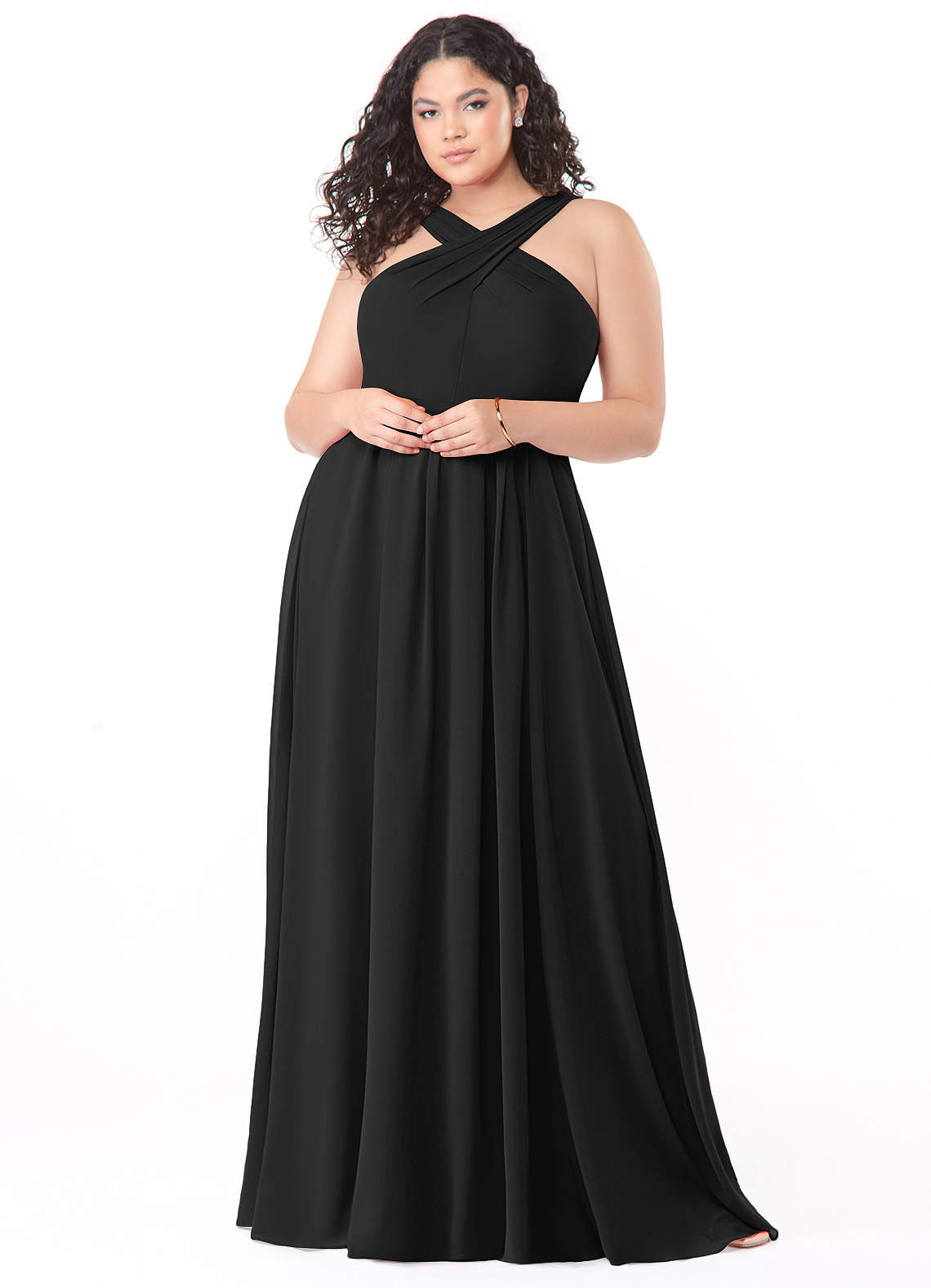 Azazie Dixie Bridesmaid Dresses Black A-Line Halter Pleated Chiffon Dress image1