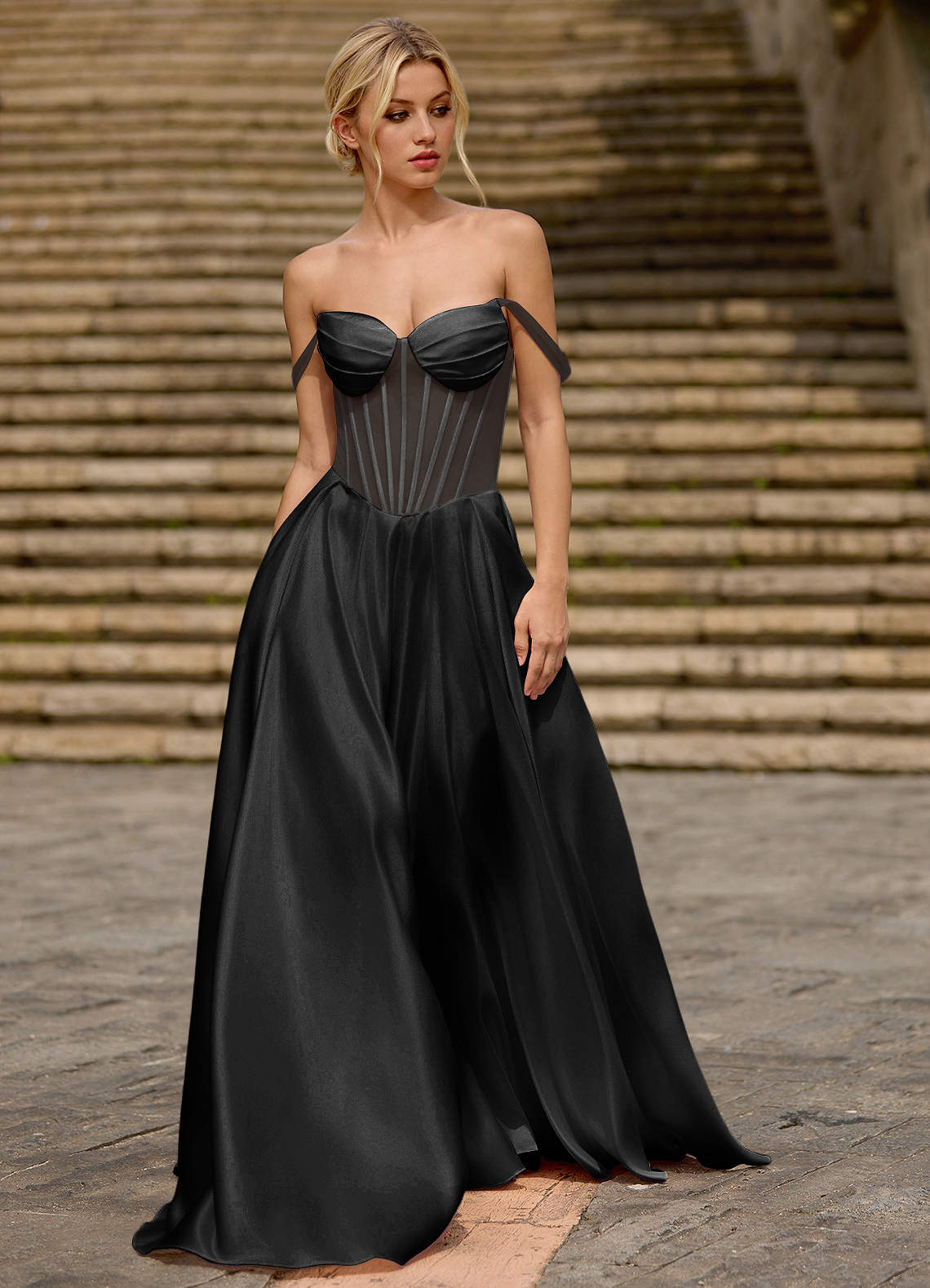 Heartshape Black Corset Satin Prom Dress image1