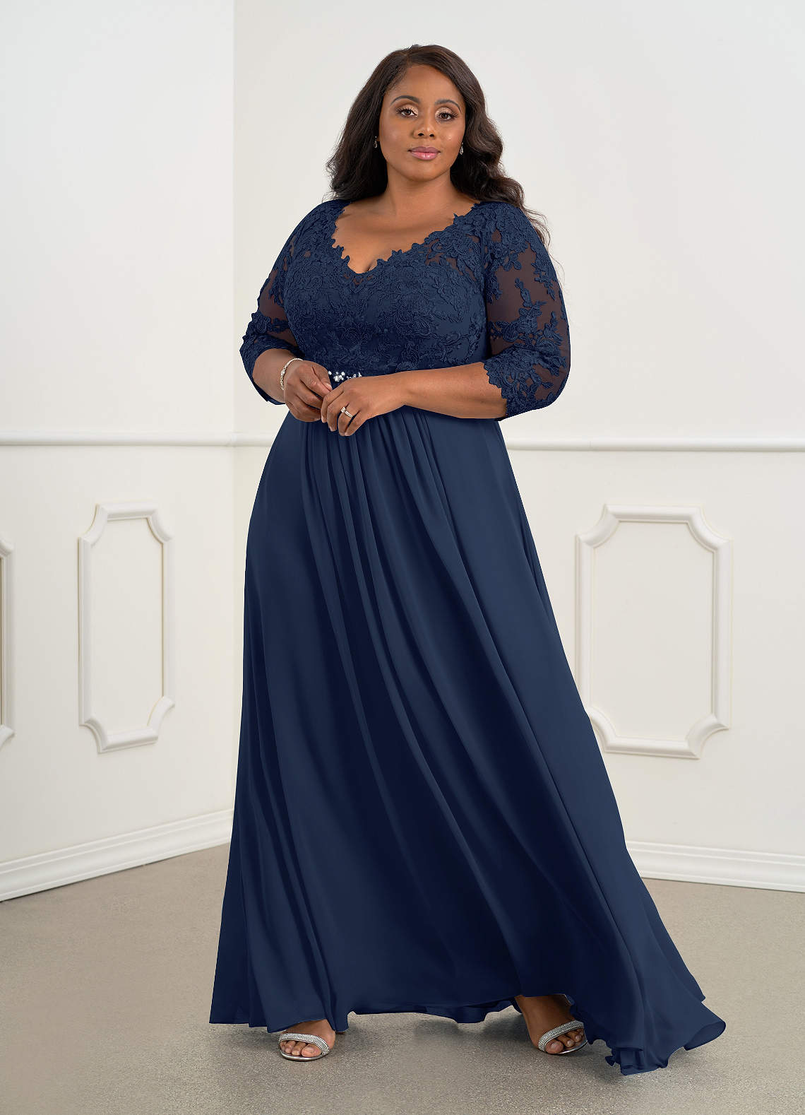 Azazie Hayek Mother of the Bride Dresses Dark Navy A-Line V-Neck Lace Chiffon Dress image5