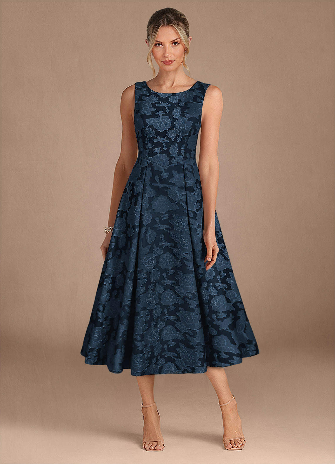 Azazie Fulton Mother of the Bride Dresses Dark Navy A-Line Pleated Floral Burnout Dress image4