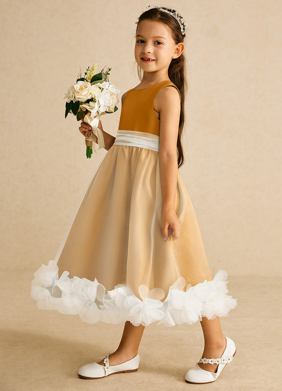 Azazie Stardust Flower Girl Dresses Butterscotch A-Line Sleeveless Organza Dress image2