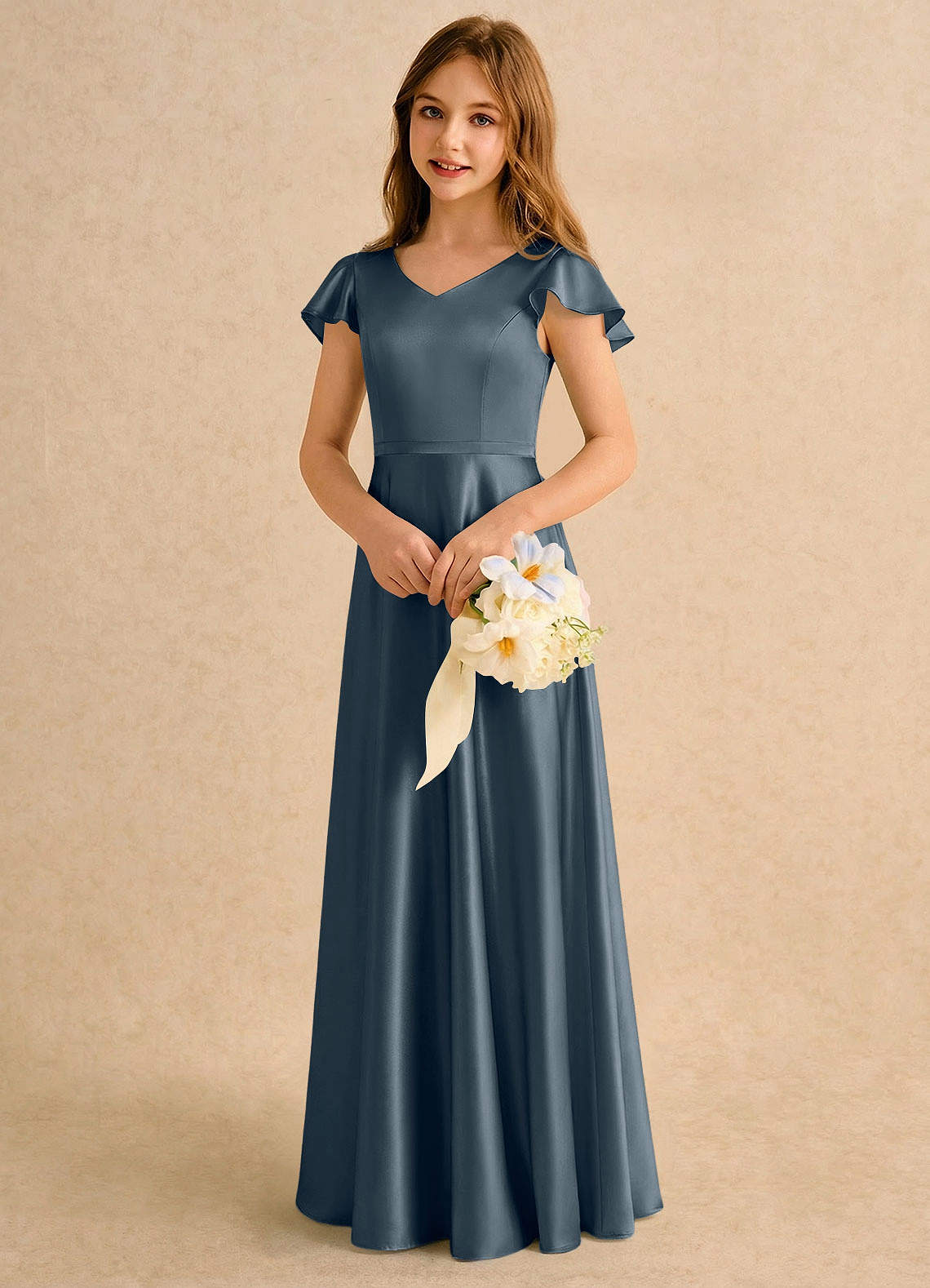 Azazie Nari Girls Formal Sprzedaż ostateczna Linia A z rękawami Satyna elastyczna Długość podłogi Sukienka image3