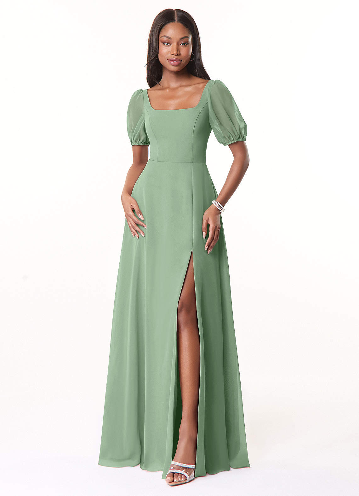 Azazie Alani Bridesmaid Dresses Matcha A-Line Square Neckline Chiffon Dress image1