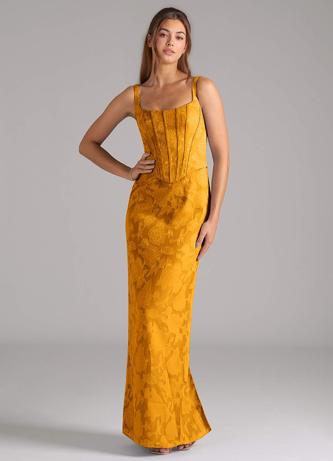 Azazie Kenna Bridesmaid Dresses Butterscotch Sheath Side Slit Floral Burnout Dress image1