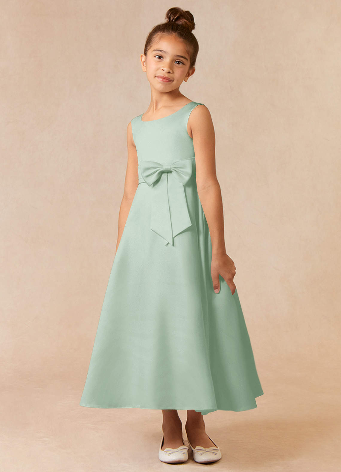 Azazie Lindy Flower Girl Dresses Agave A-Line Pleated Matte Satin Dress image2