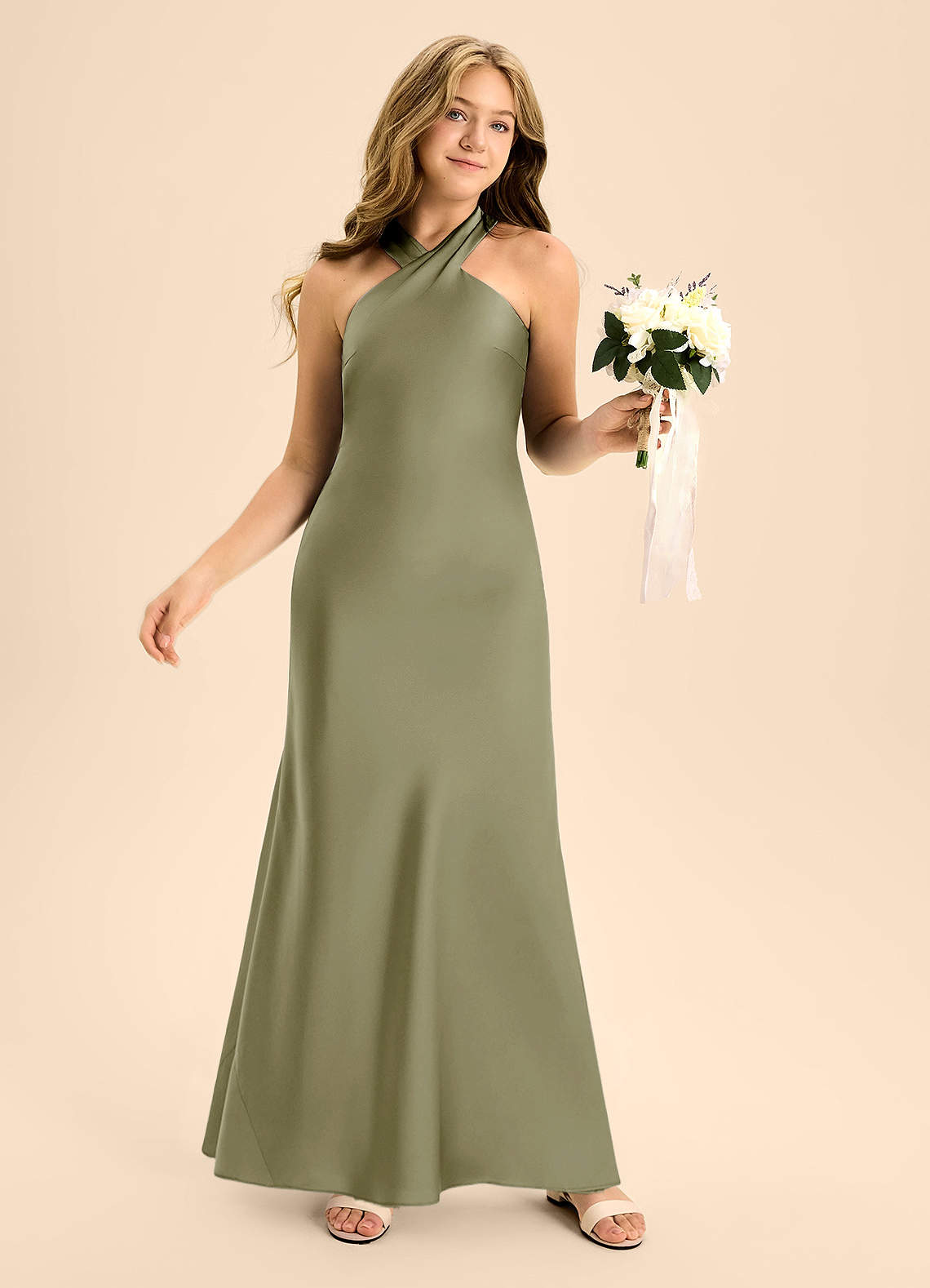 Azazie Doretta Junior Pistachio A-Line Pleated Stretch Satin Dress image4