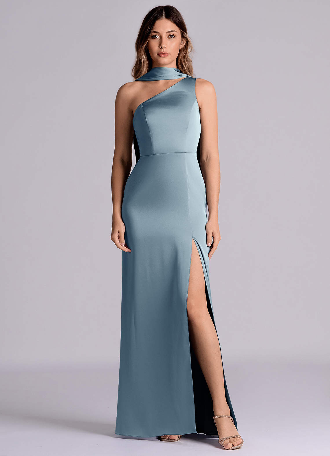 Azazie Philana Bridesmaid Dresses Dusty Blue A-Line One Shoulder Stretch Satin Dress image1
