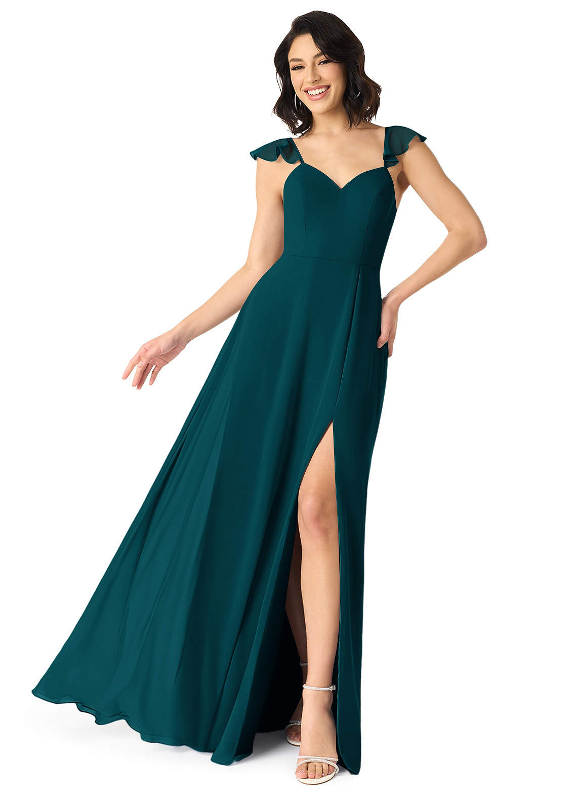 Azazie Everett Bridesmaid Dresses Pine A-Line V-neck Ruched Chiffon Dress image1