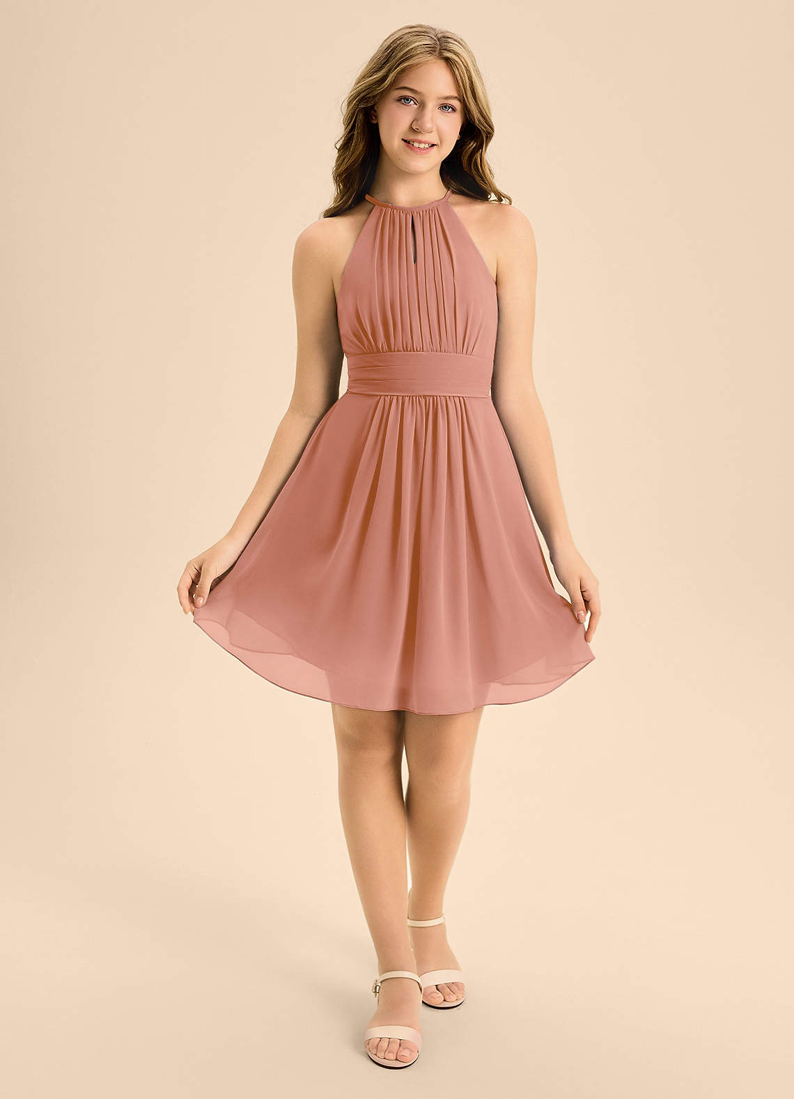 Azazie Bonnie Junior A-Linie Plissee Chiffon Kleid Mai Tai image1