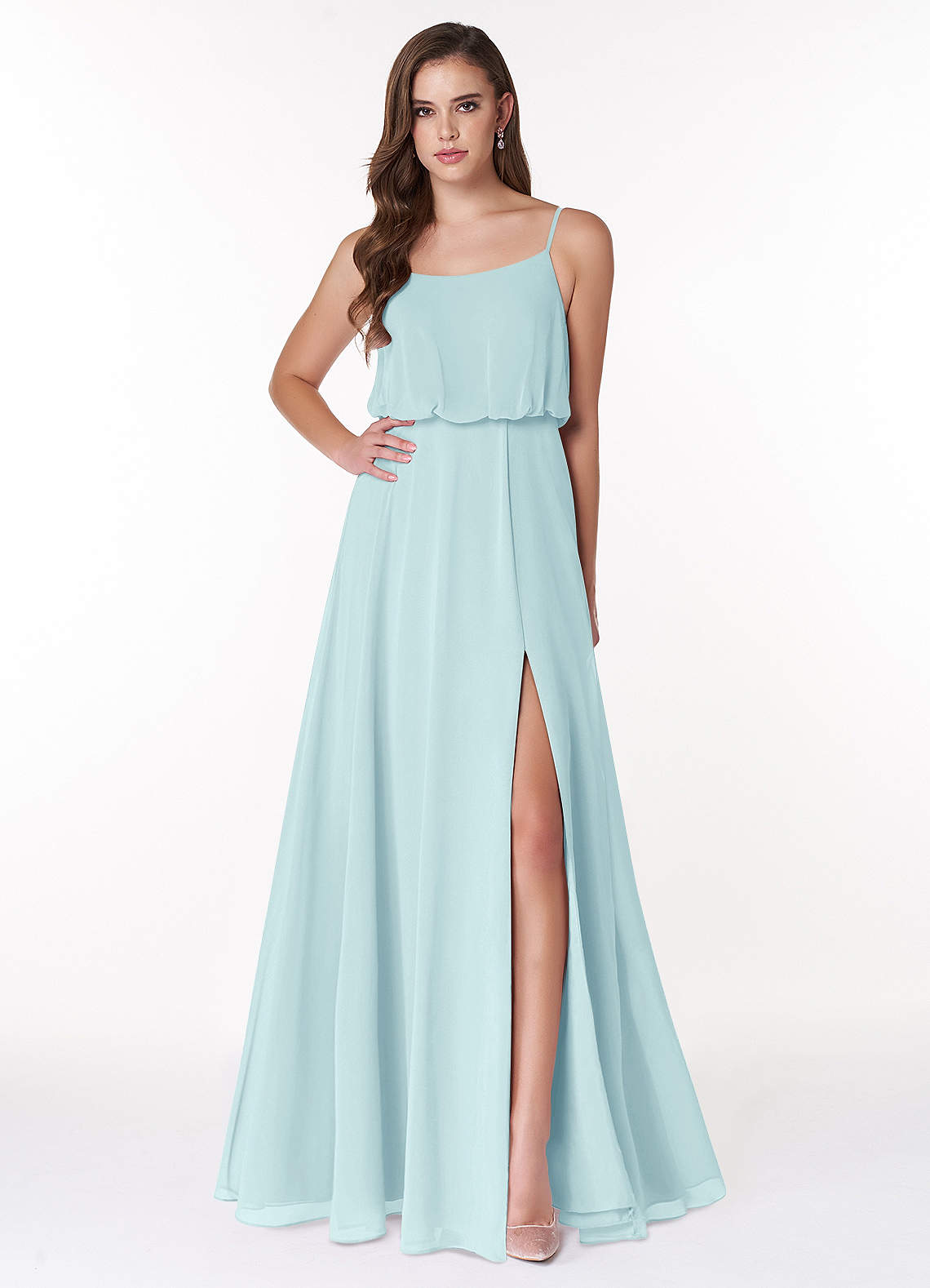 Azazie Lupe Bridesmaid Dresses Sea Glass A-Line Scoop Blouson Chiffon Dress image1