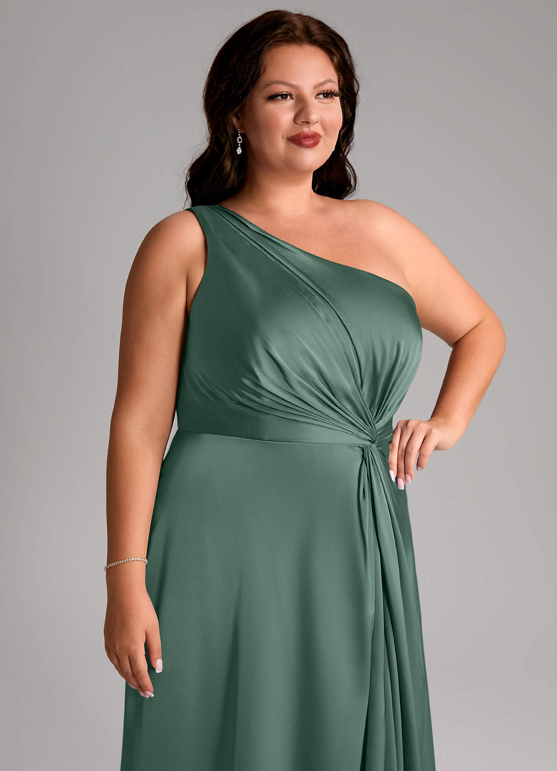 Azazie Brooke Bridesmaid Dresses Eucalyptus A-Line One Shoulder Stretch Satin Dress image12