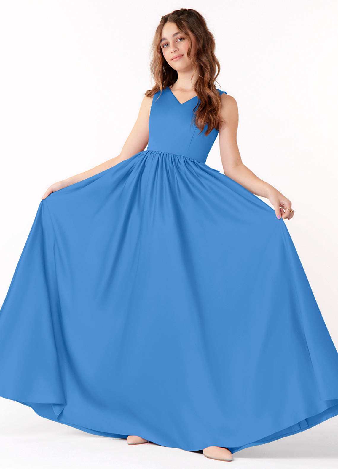 Azazie Hathaway Junior Blue Jay A-Line Bow Matte Satin Dress image1