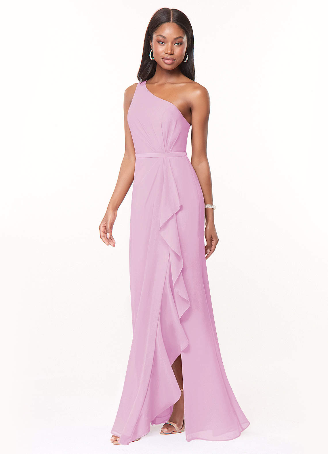 pink one shoulder chiffon dress Azazie Liza