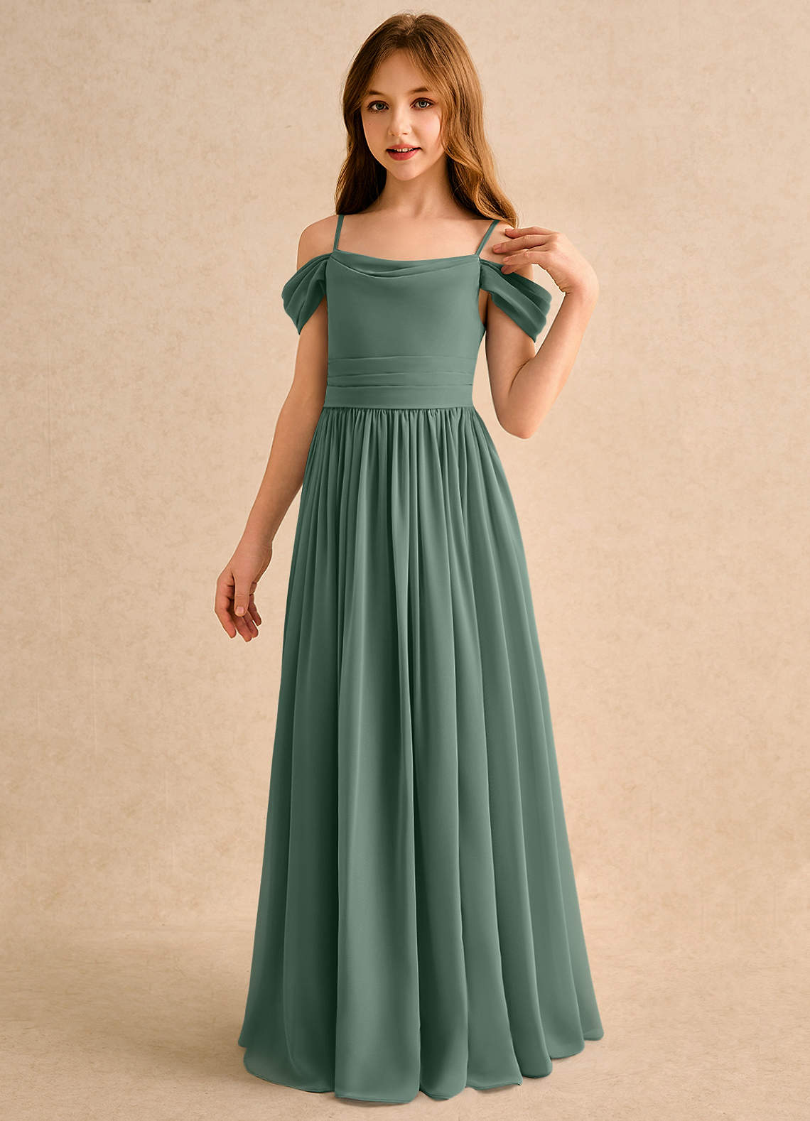Azazie Shia Girls Formal Flower Girl Dresses Eucalyptus A-Line Off the Shoulder Chiffon Dress image2