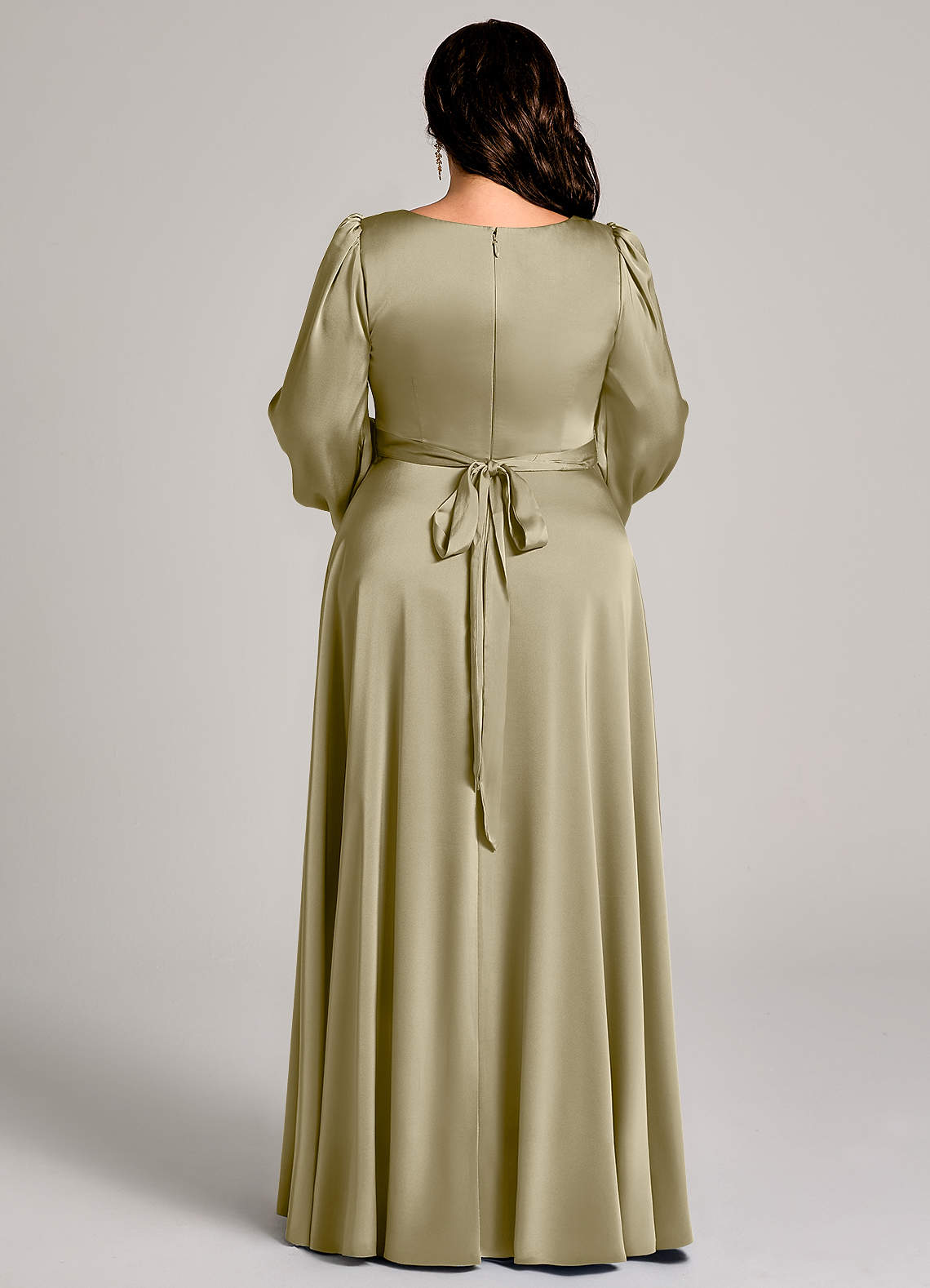 moss green dress with sleeves Azazie Plus Size A-Line Square Neck Long Sleeve Floor-Length Stretch Satin Bridesmaid Dresses olive green bridesmaid dresses