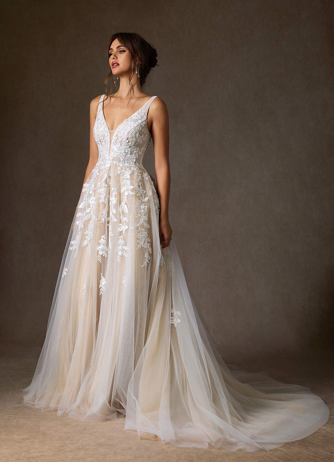 Azazie Sorella Wedding Dresses Diamond White Champagne A-Line V-Neck Sequins Tulle Dress image4
