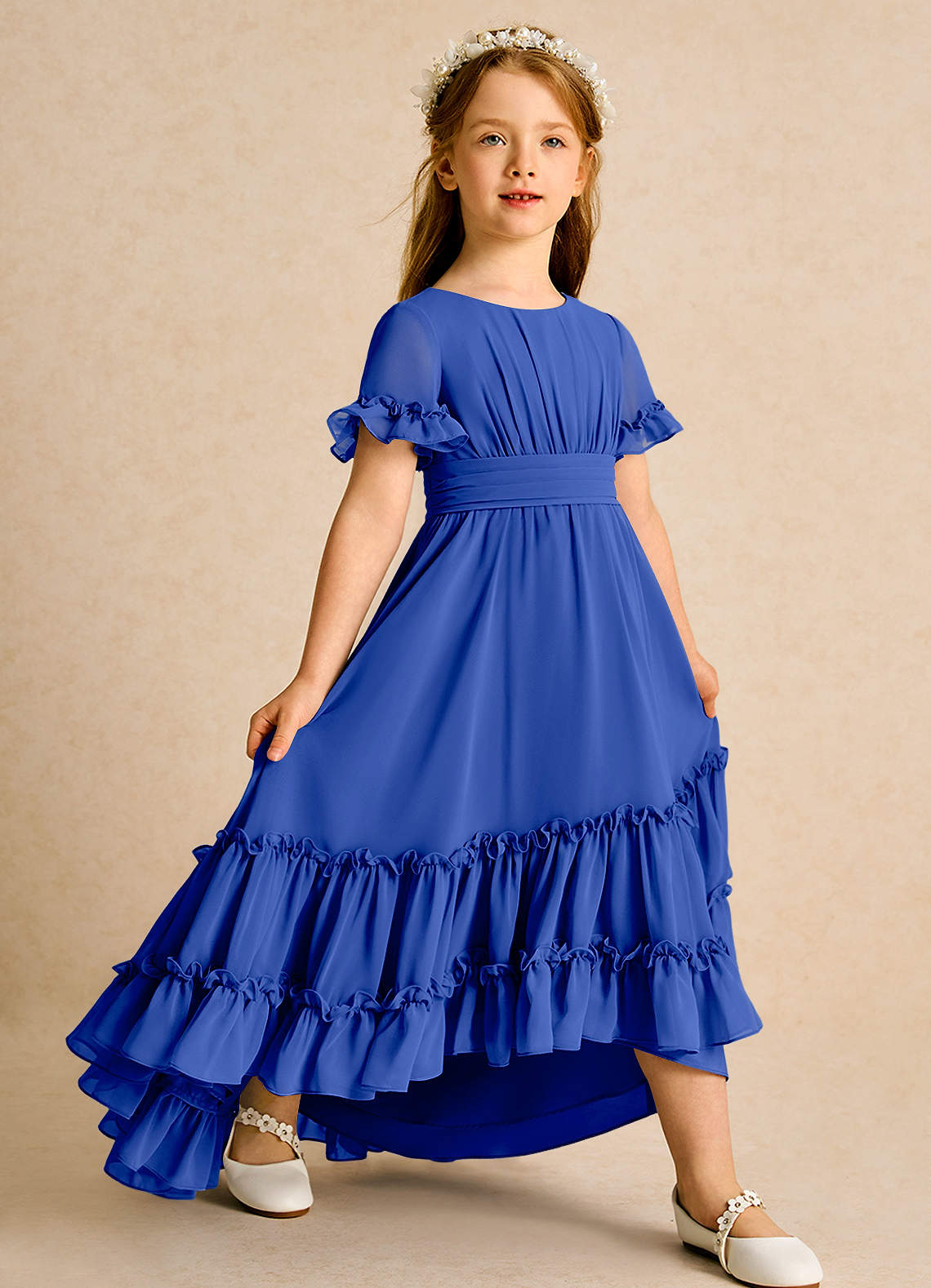 Azazie Kass Flower Girl Dresses Royal Blue A-Line Pleated Chiffon Dress image1