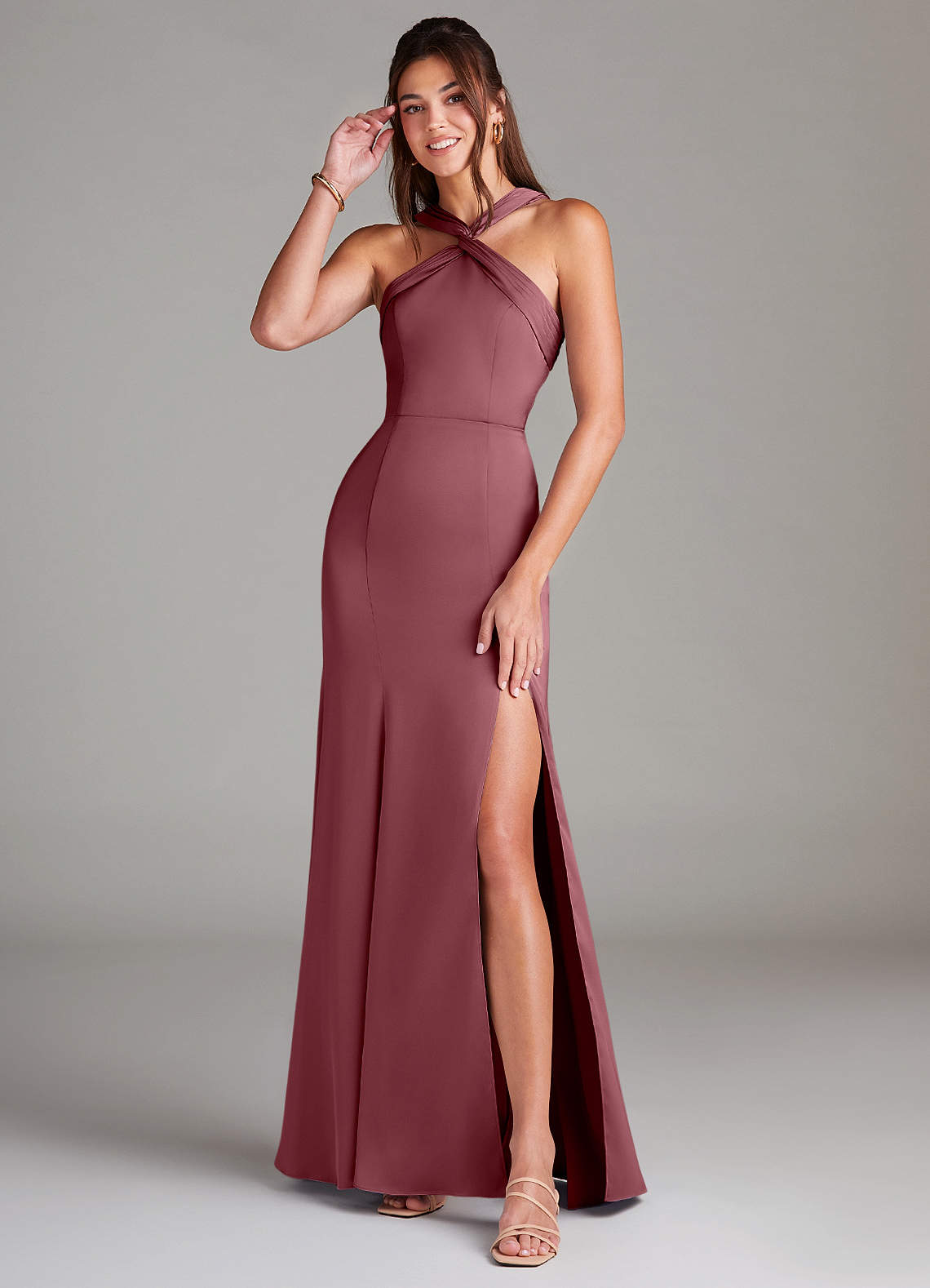 green emerald velvet dress Berylove Women Desert Rose Formal Dress Sheath Spaghetti Straps Lace Up  Back Ruched Wedding Guest Dress With Slit main image 0