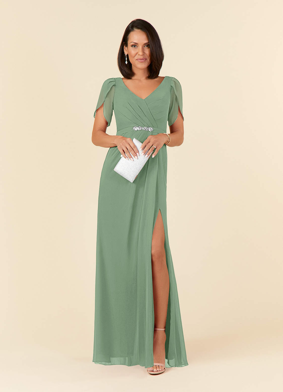 Azazie Marianne Mother of the Bride Dresses Matcha Sheath V-Neck Pleated Chiffon Dress image3