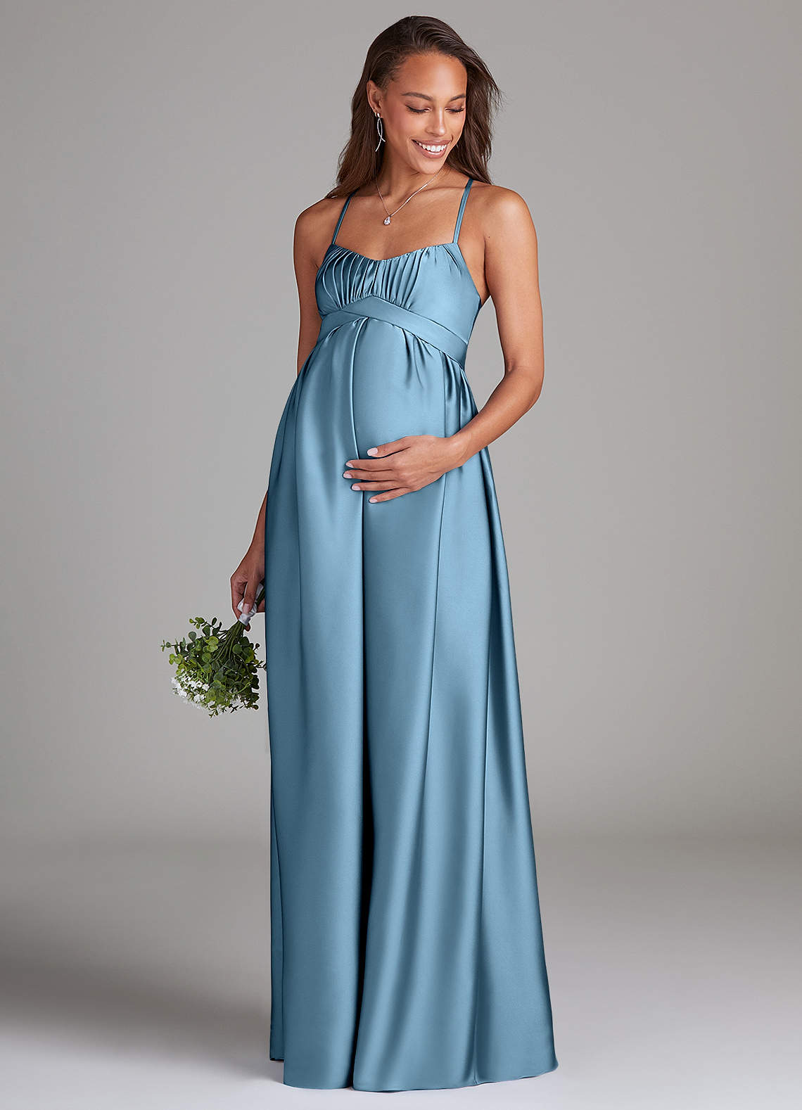 Azazie A-Line Sweetheart Floor-Length Stretch Satin Maternity Bridesmaid Dresses - Steel Blue
