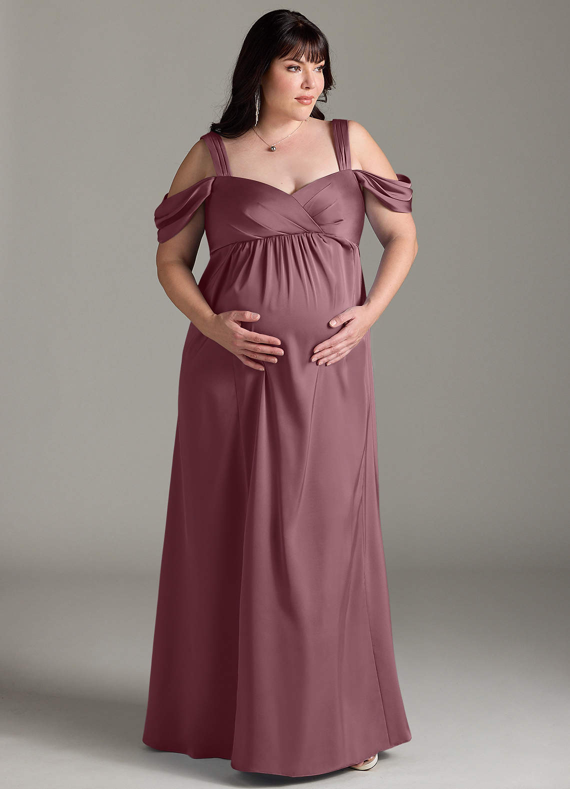 Azazie Rhea At-home Try On Dresses A-Line Off-The-Shouler Pleated Stretch Satin Floor-Length Dress image6