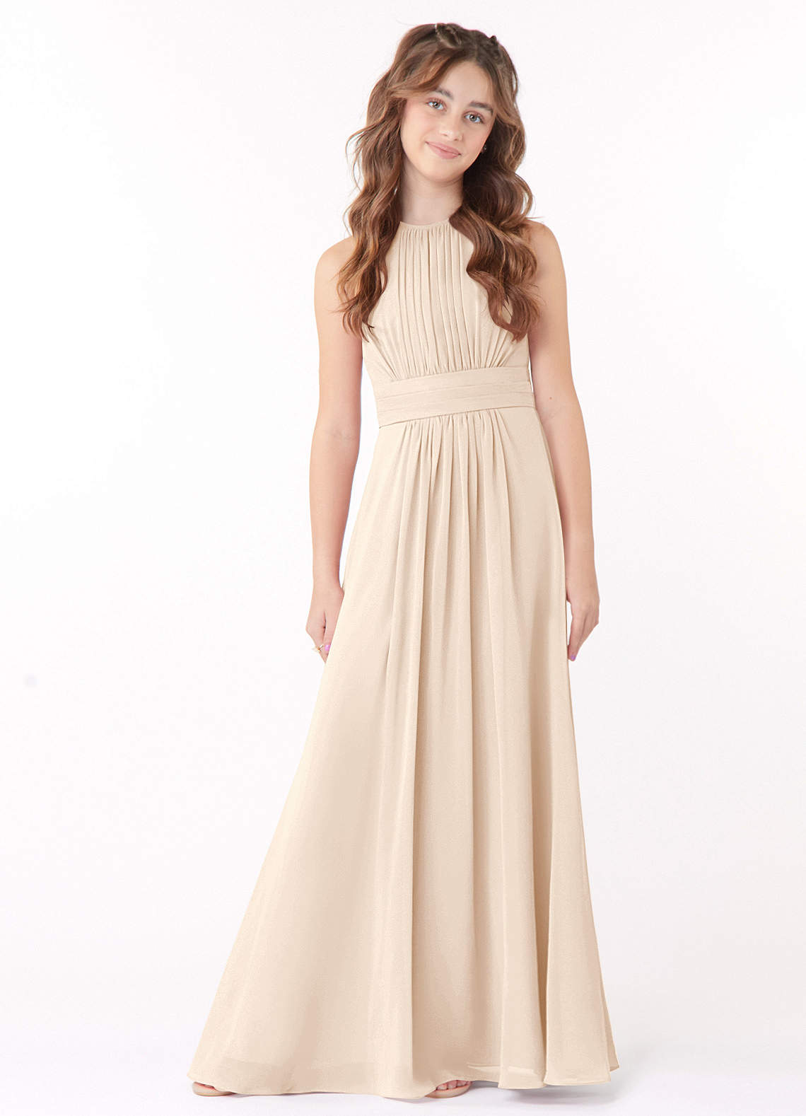 Azazie Bonnie Junior White Alabaster A-Line Pleated Chiffon Dress image1