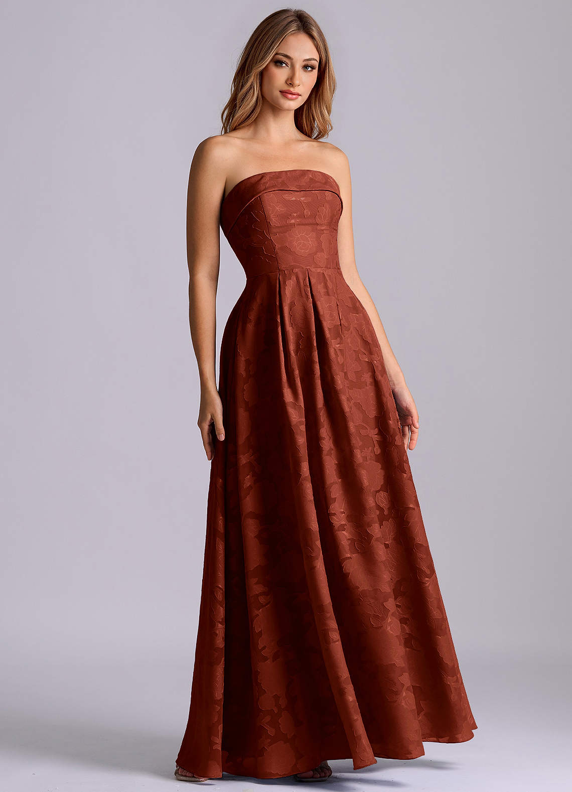 Azazie Lucienne Vestidos de madrinha de casamento Vestido Terracota de Esgotamento Floral de Linha A com Sem alças image2