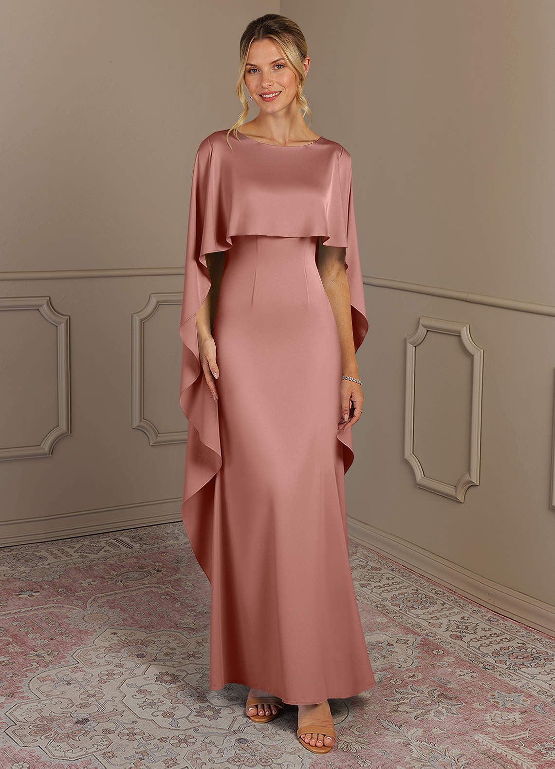 Azazie Eli Mother of the Bride Dresses Rosette Sheath Boatneck Stretch Satin Dress image1