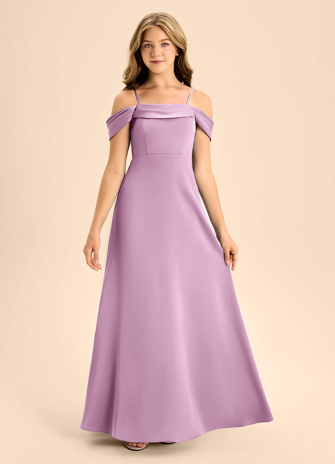 Azazie Anselie Junior Vestido Glicínia de Cetim elástico de Linha A com Fora do ombro image6