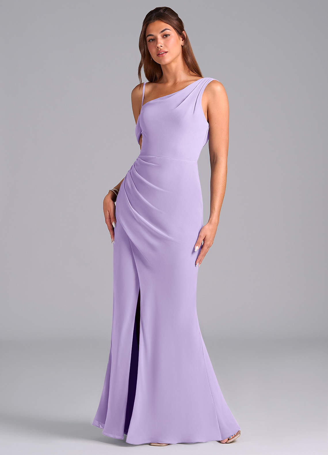 Azazie Madelyn Bridesmaid Dresses Lilac Mermaid One Shoulder Chiffon Convertible Dress image4