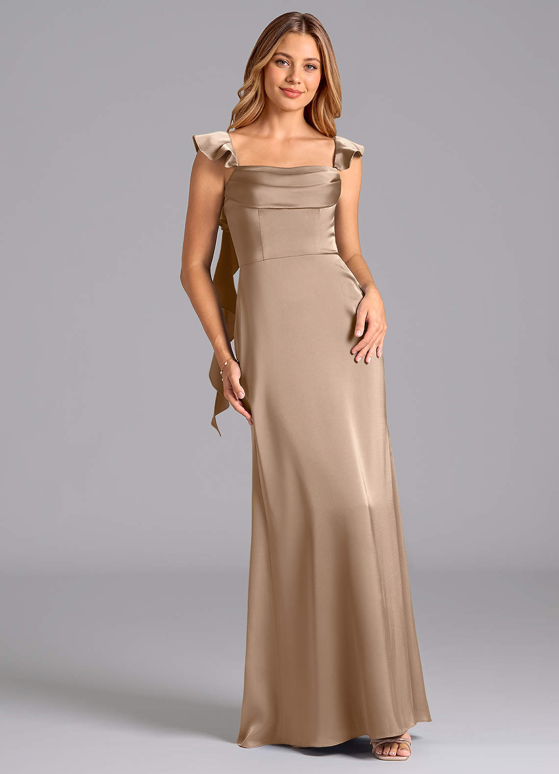 Azazie Adi Bridesmaid Dresses Taupe A-Line Pleated Stretch Satin Dress image1