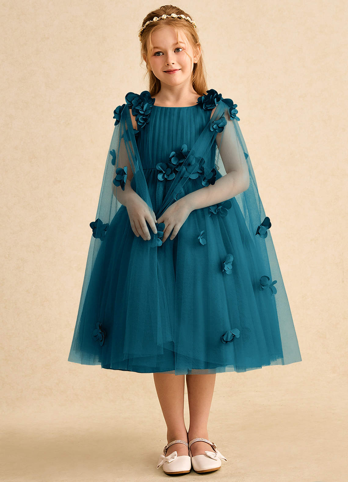 Azazie Staria Robe Demoiselle D'honneur Fillette Robe Princesse en Tulle Rayé Bleu Encre image2