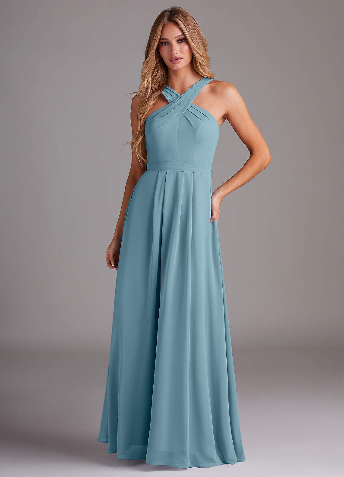 Azazie Dixie Bridesmaid Dresses Moody Blue A-Line Halter Pleated Chiffon Dress image1