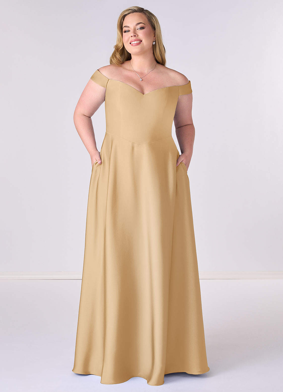 Barbie ♥ Azazie Brautjungfernkleider Wandelbar A-Linie Schulterfrei Stretch-Satin Kleid Gold image1