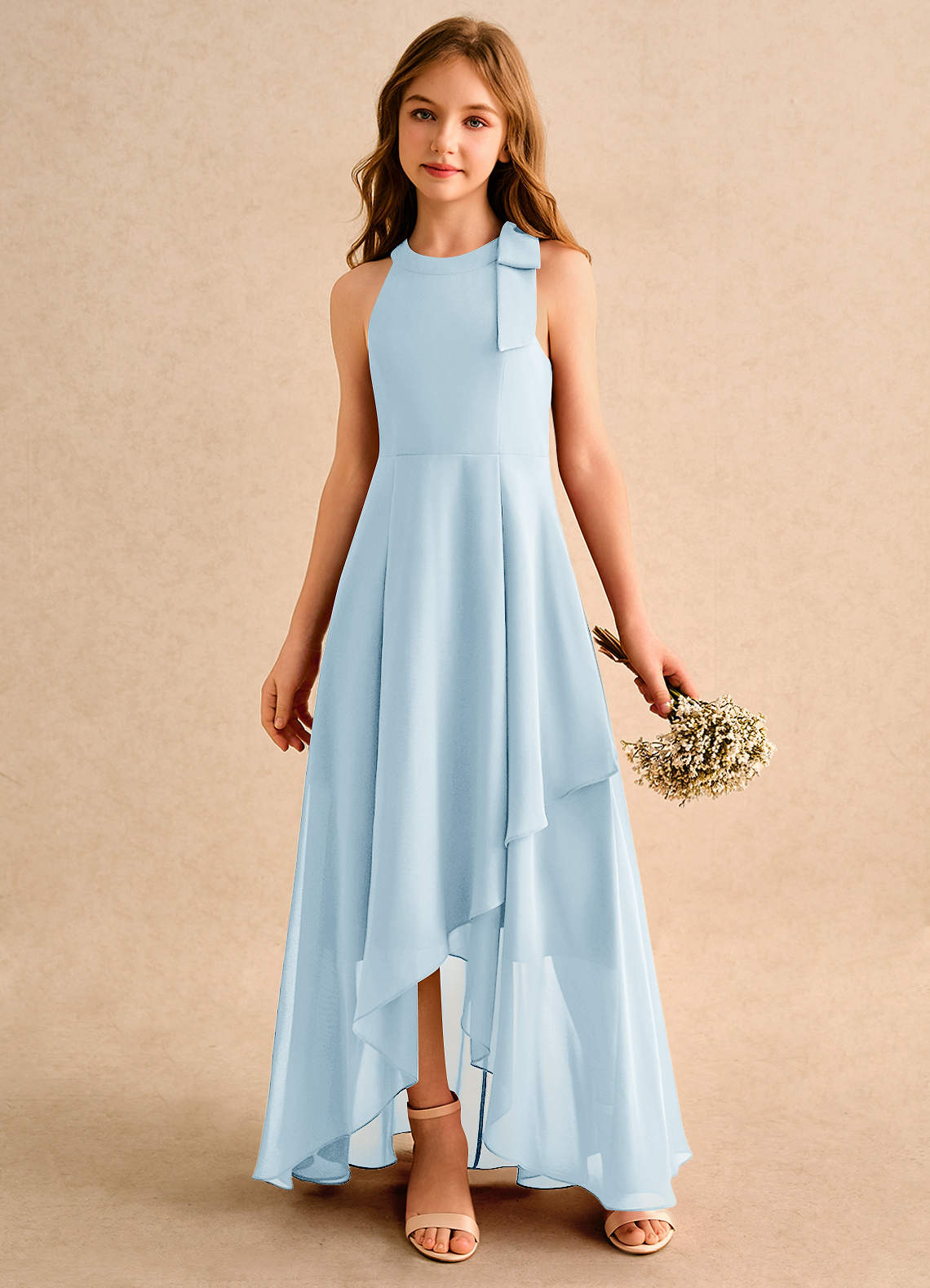 Azazie Boop Girls Formal Vestidos de florista Vestido Céu Azul de Chiffon de Linha A com Arco image3