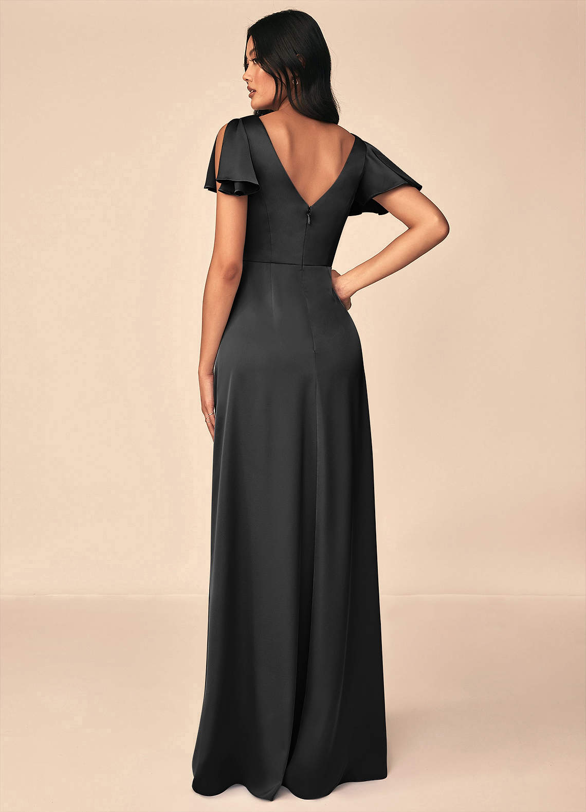 Azazie Soren Bridesmaid Dresses Black A-Line Pleated Stretch Satin Dress image1