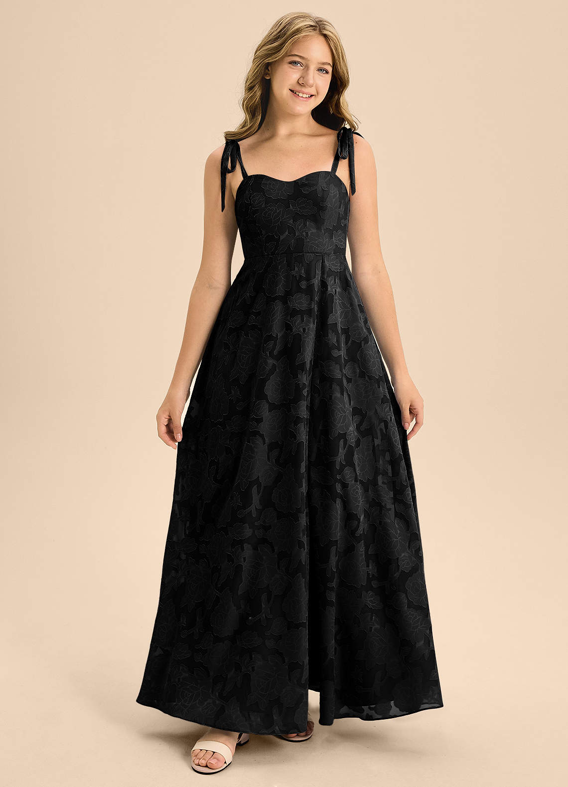 Azazie Rosey Junior Black A-Line Sweetheart Neckline Floral Burnout Dress image3