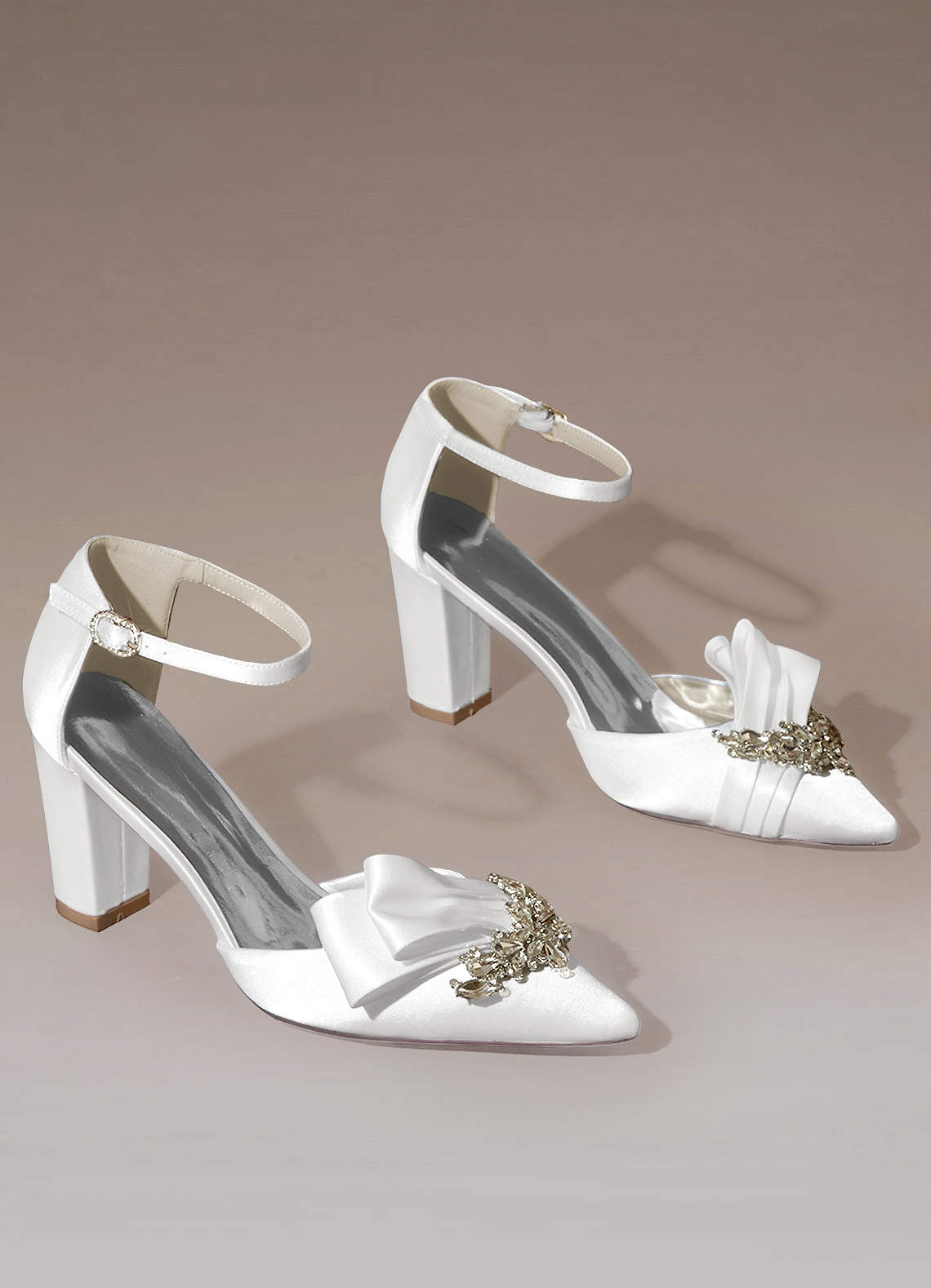 White Asymmetric Bow Embellished Chunky Heels