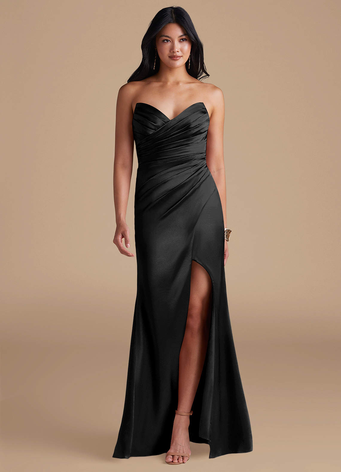 Azazie Yola Bridesmaid Dresses Black Sheath Pleated Metallic Satin Dress image1
