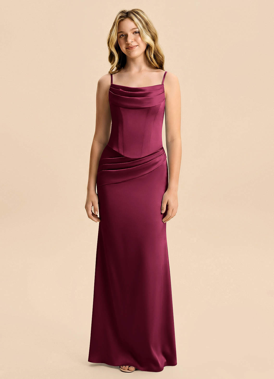 Azazie Sorrel Junior Burgundy Mermaid Ruched Stretch Satin Dress image5